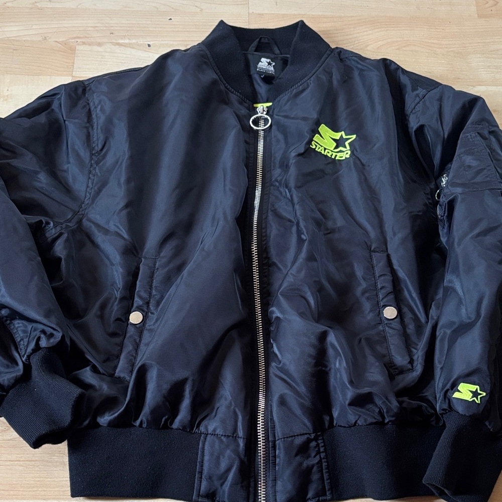 STARTER Black Bomber Jacket with Neon Green Logo